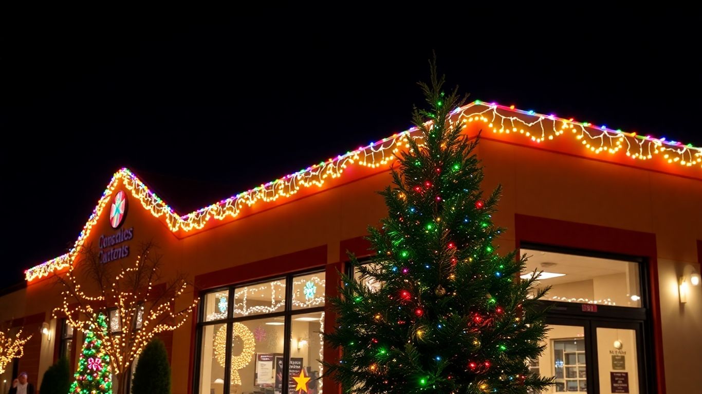 Commercial building decorated with bright Christmas lights at night.