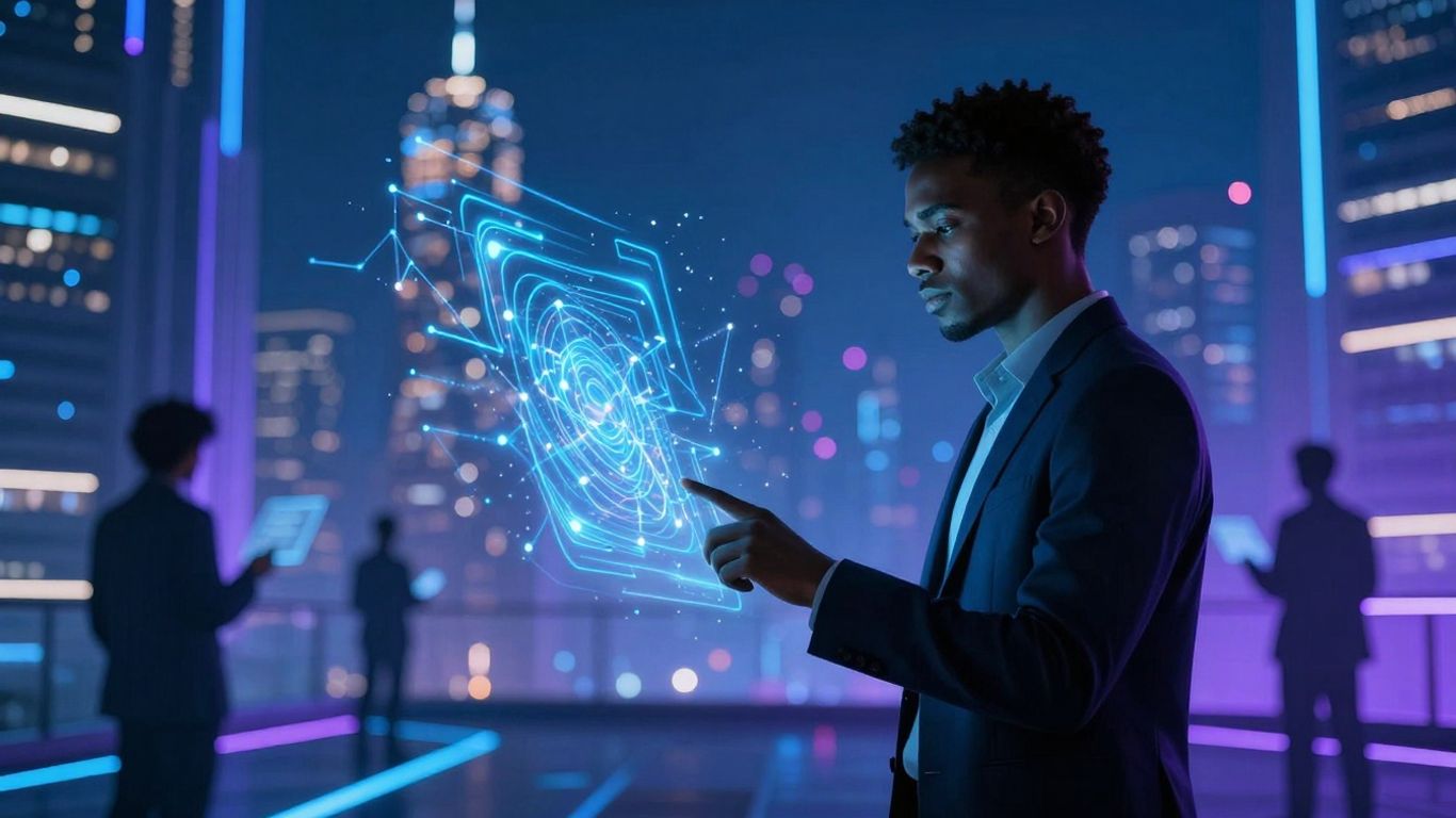 Futuristic cityscape with AI neural networks and holographic interfaces.