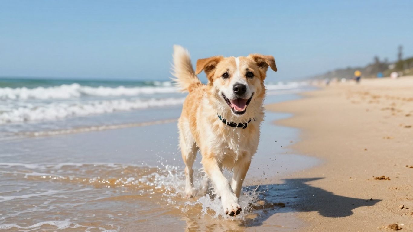 Hond rent vrolijk op het strand bij de zee.