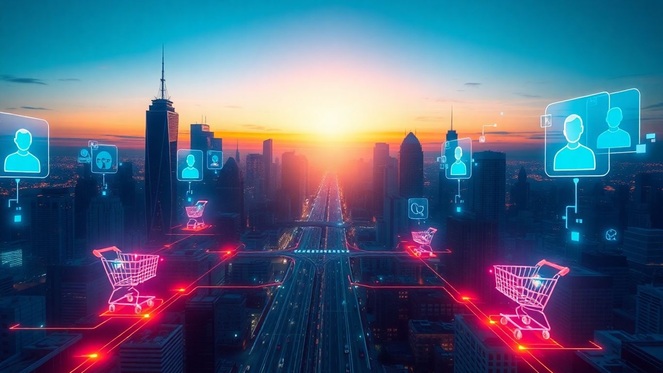 Futuristic e-commerce cityscape with glowing digital connections.