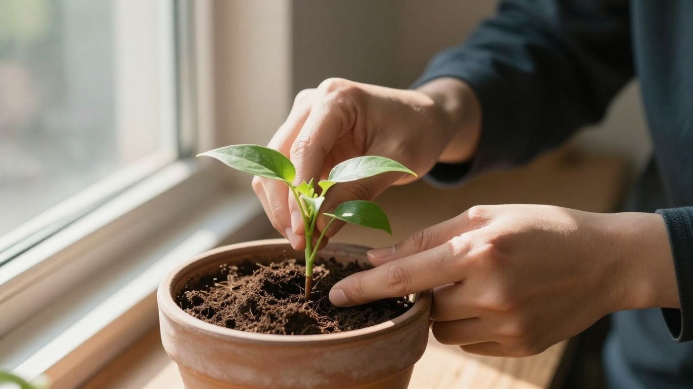 Person planting a small seedling in soft soil.