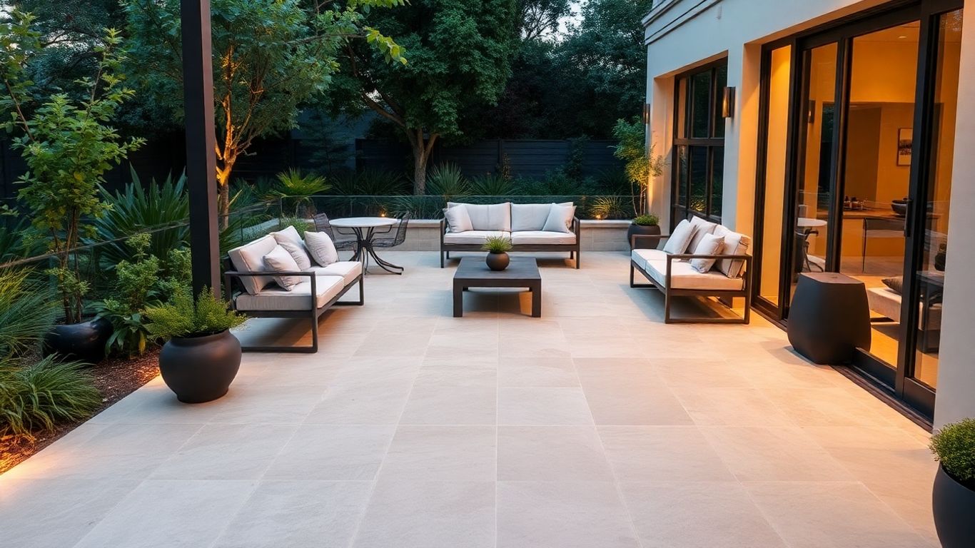 Modern outdoor patio featuring quartzite decking and greenery