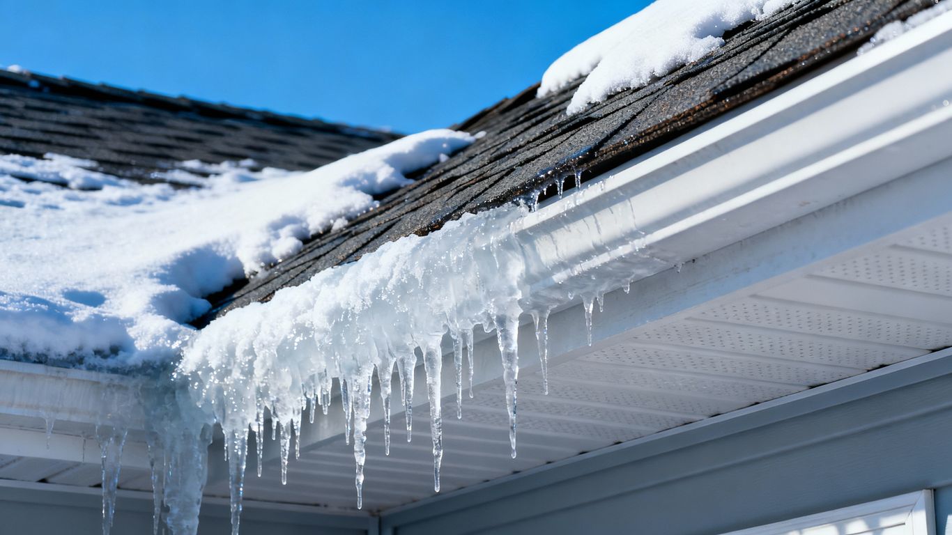Icicles and snow on a roof edge.