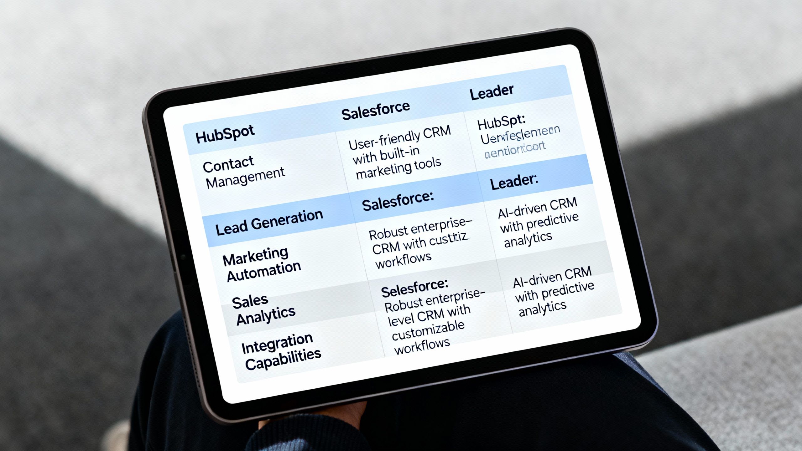A detailed feature comparison table of hubspot vs salesforce vs leader on a tablet screen