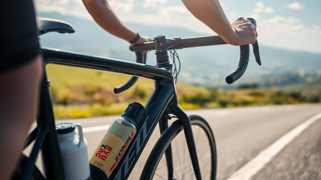 Cyclist with water bottle and energy bar on scenic road.