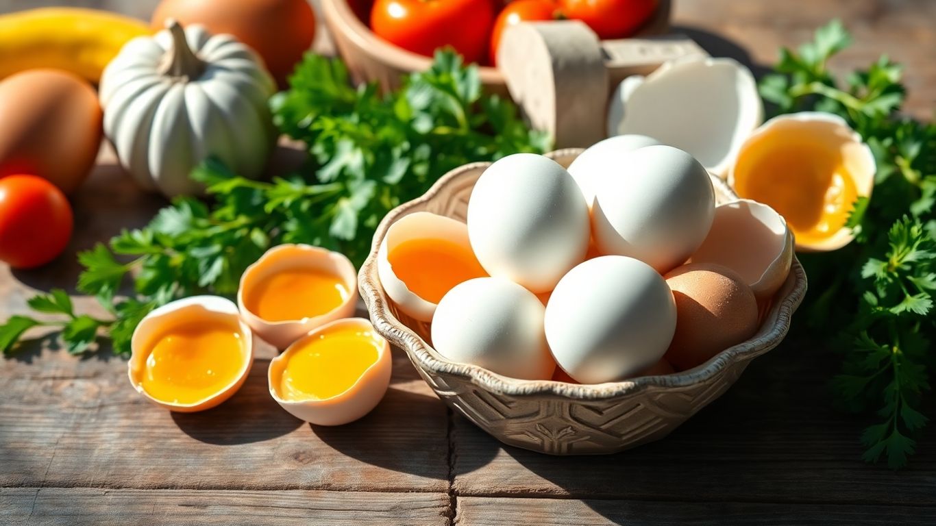 Œufs frais et légumes sur une table en bois rustique