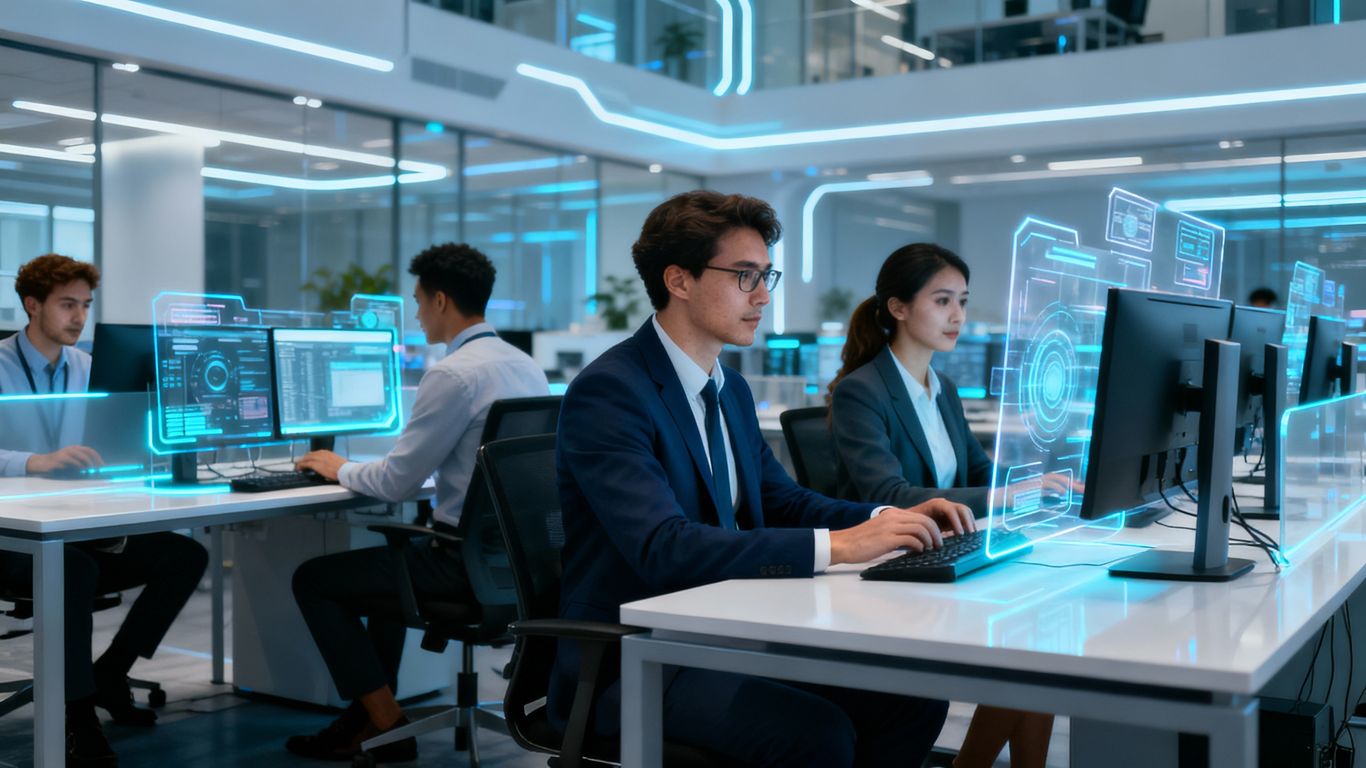 Modern IT help desk team working in office
