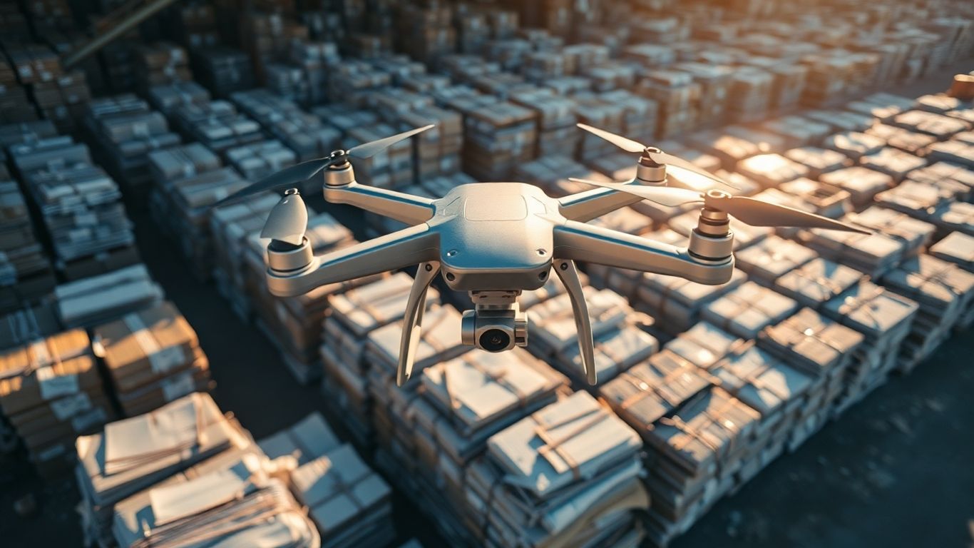 Drone measuring stockpile volume from above.