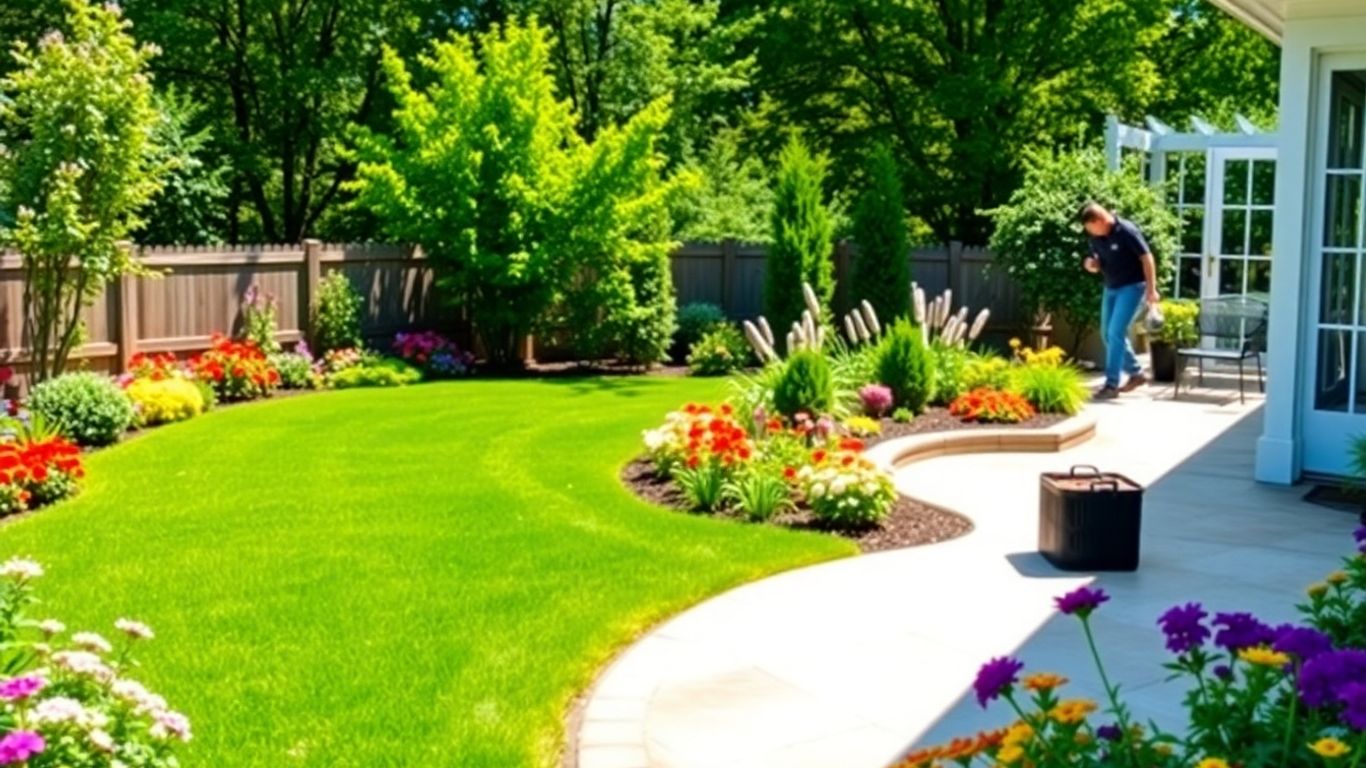 Clean backyard with professional landscaper working.
