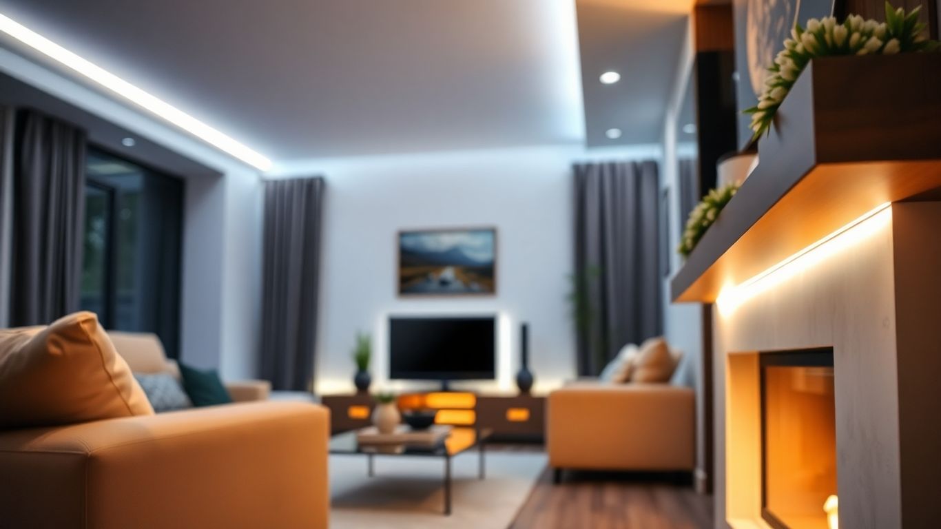 LED strip lights brightening a modern UK living room.