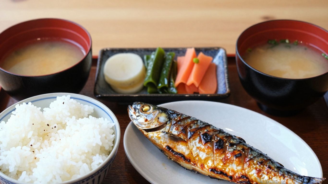 Traditional Japanese breakfast spread with fish, rice, and soup.
