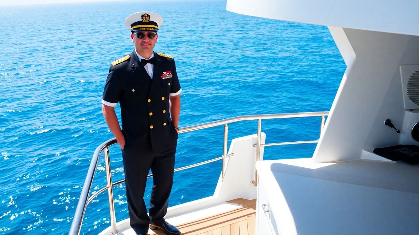 Yacht captain on deck with ocean backdrop.