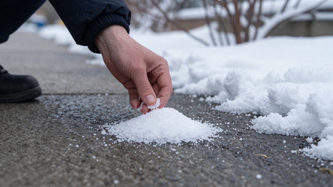 Person de-icing a snowy sidewalk in winter.