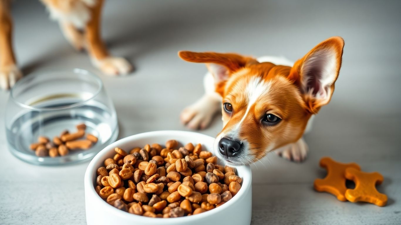 Dog eating healthy food, drinking water, and enjoying treats.