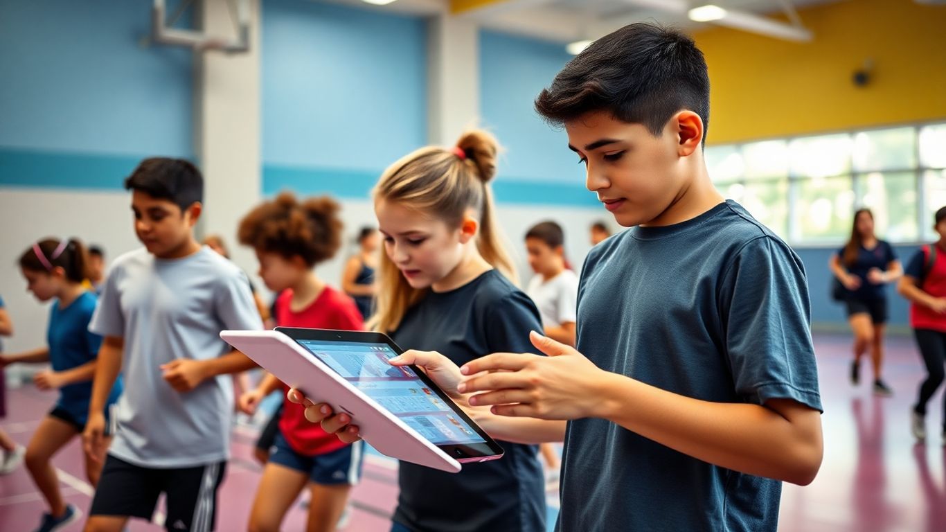 Schüler nutzen Tablet im Sportunterricht für mehr Motivation.