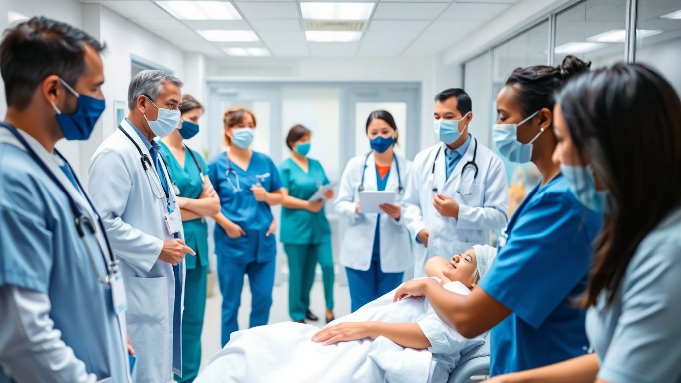 Gesundheitspersonal in einem modernen Krankenhaus, das sich um Patienten kümmert.