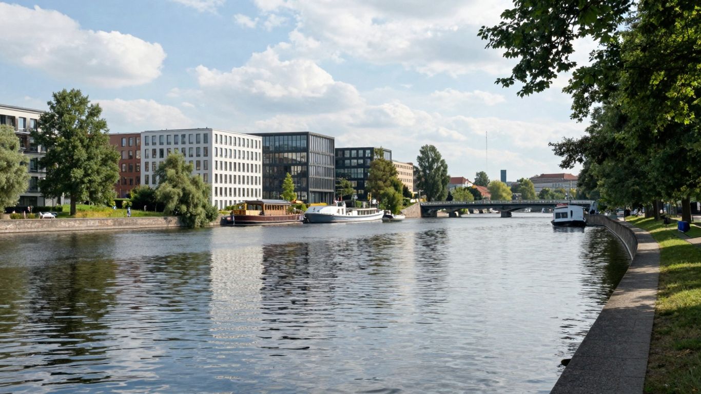 Wasserfront in Treptow-Köpenick mit Gebäuden und Grünflächen