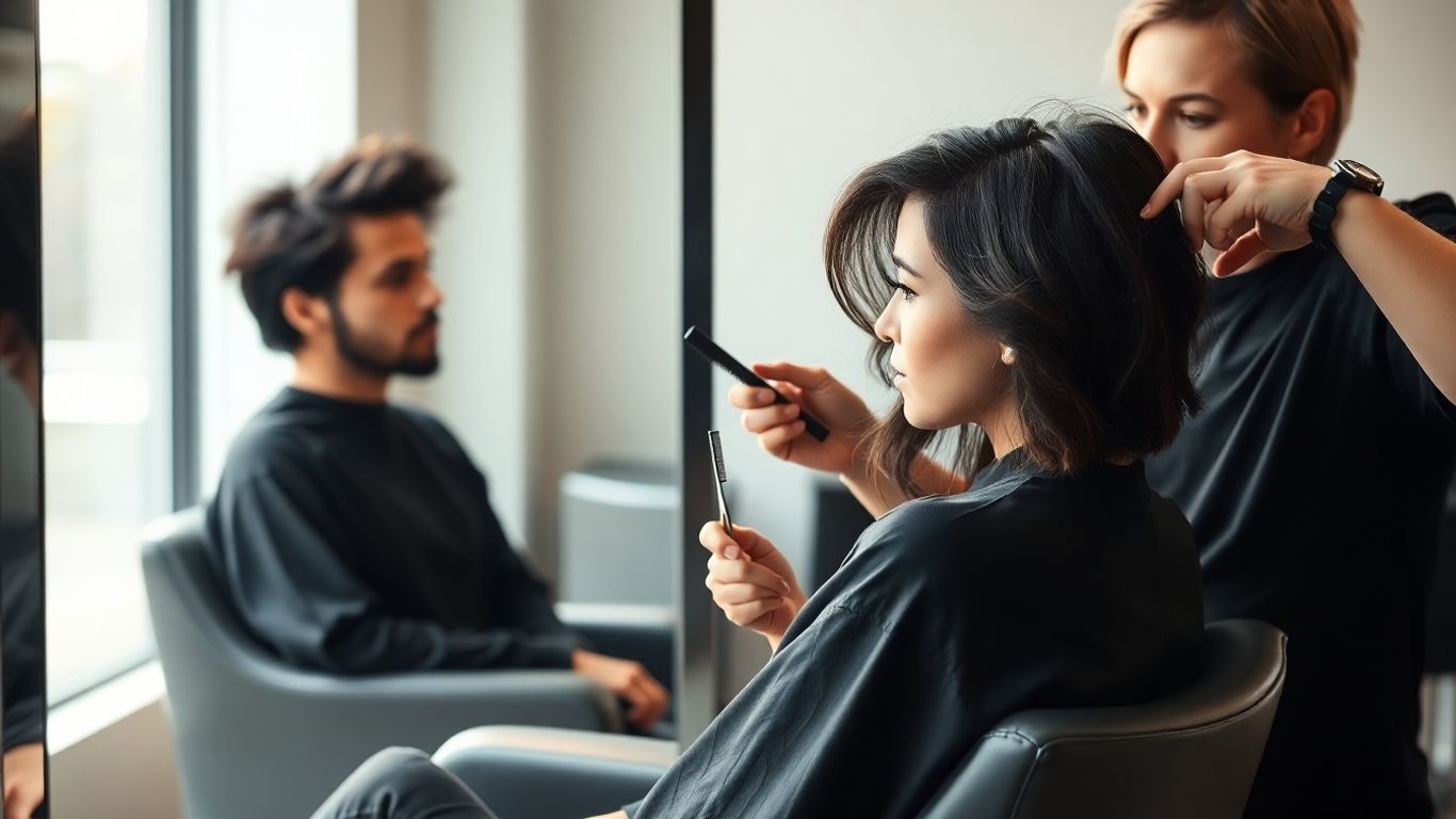 Client and stylist discussing haircut in salon.