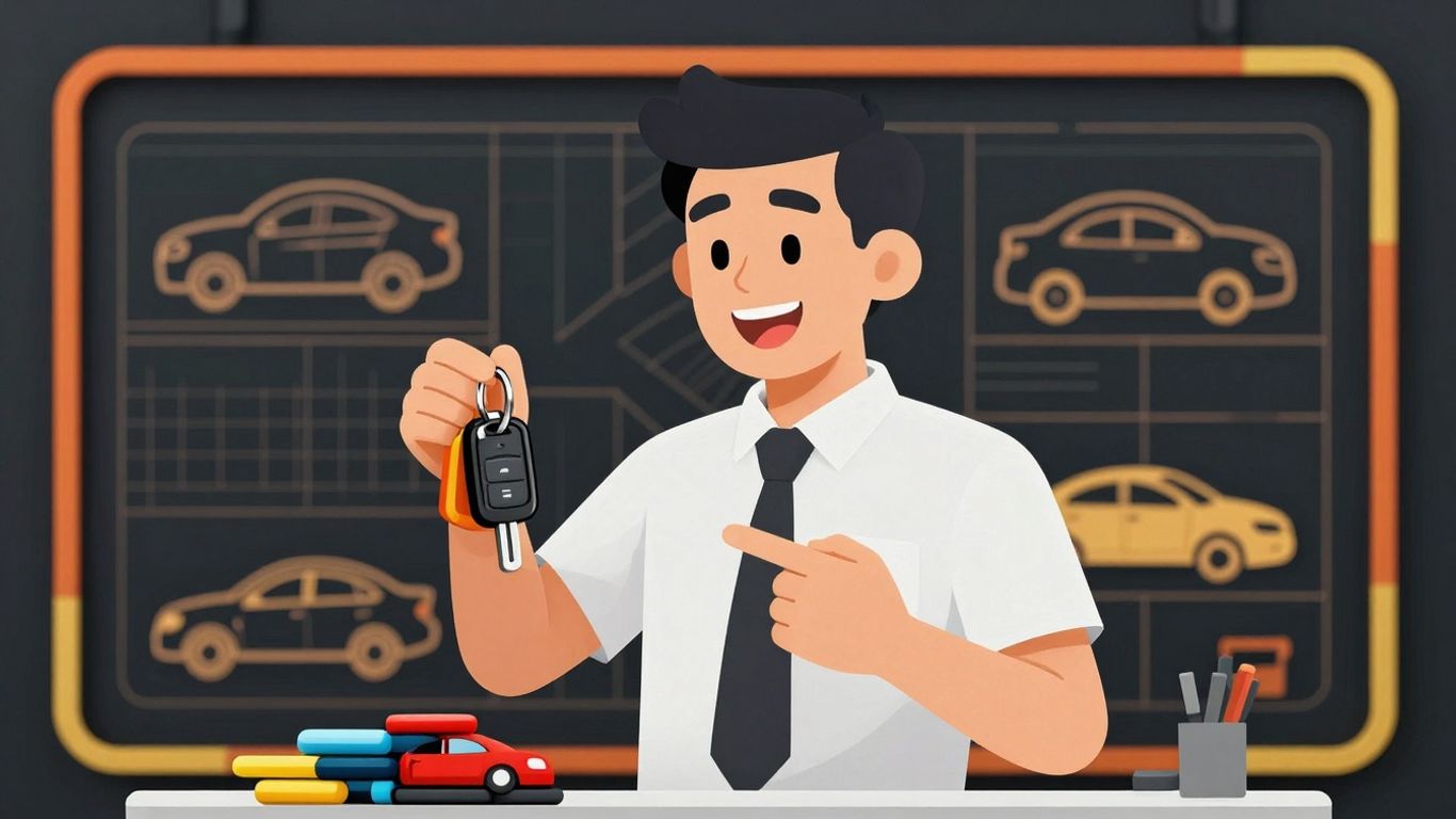 Dealership owner with car keys and lot blueprint.