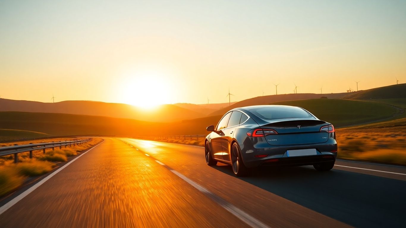 Tesla car driving on European highway at sunset.