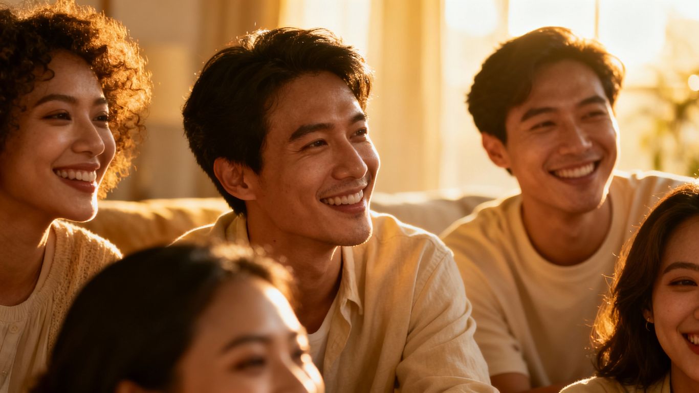 Diverse people connecting in a warm, harmonious setting.