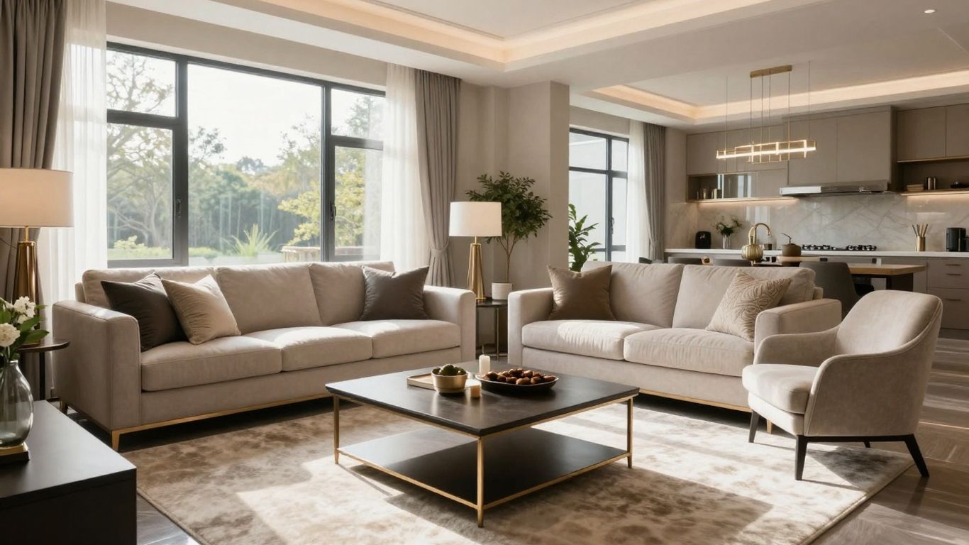 Stylish living room for Airbnb property management.
