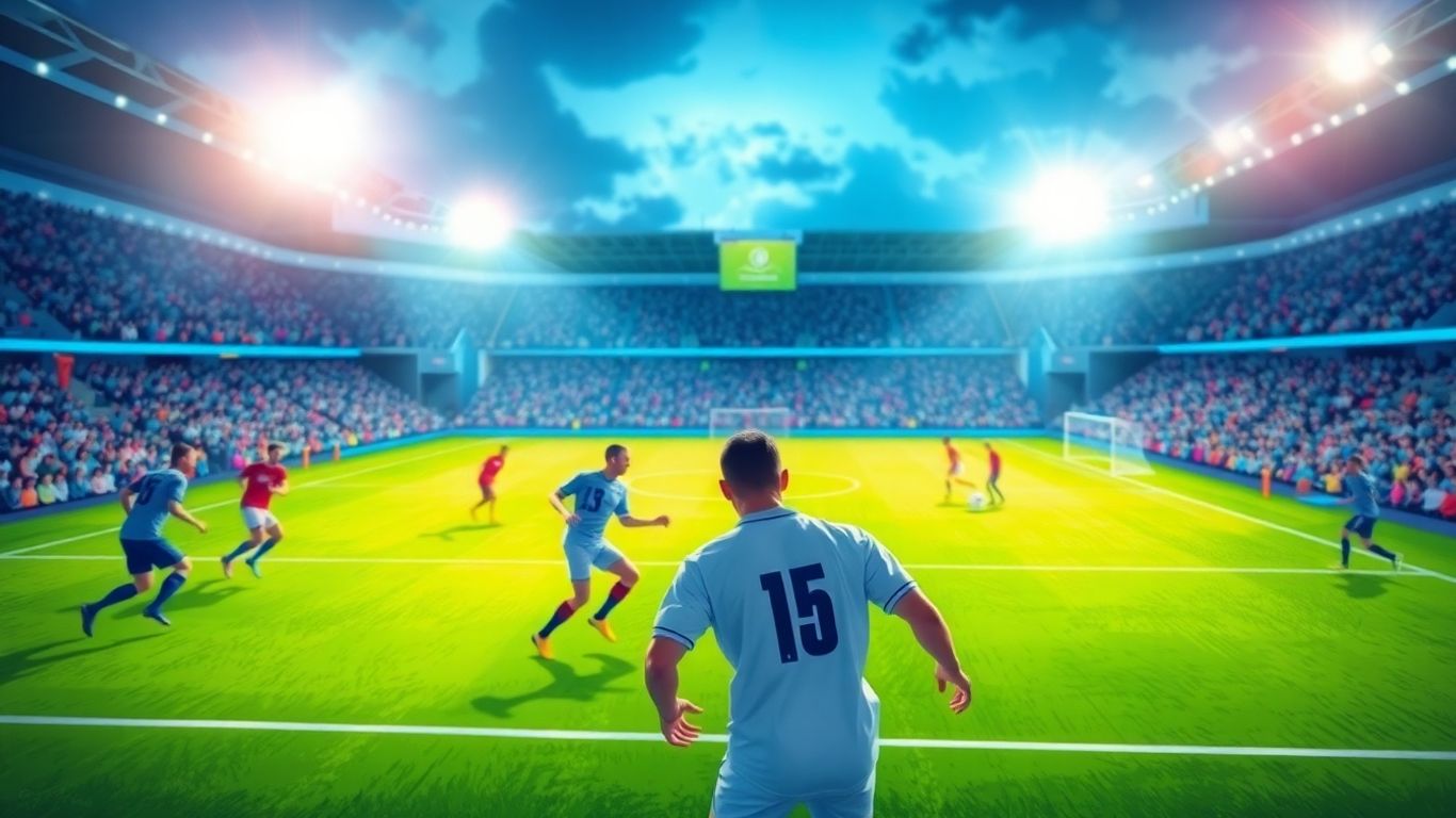 Football players in action on a brightly lit field.