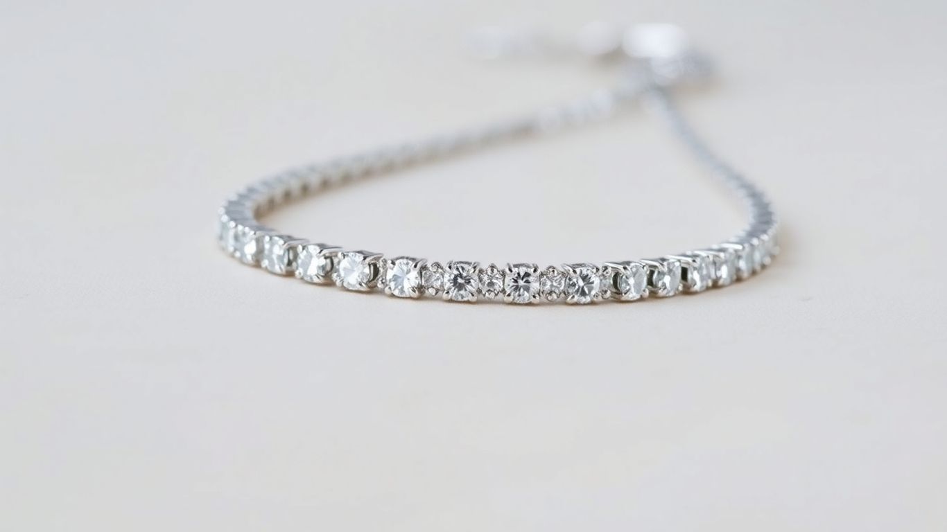 Sparkling diamond tennis bracelet on a neutral background.