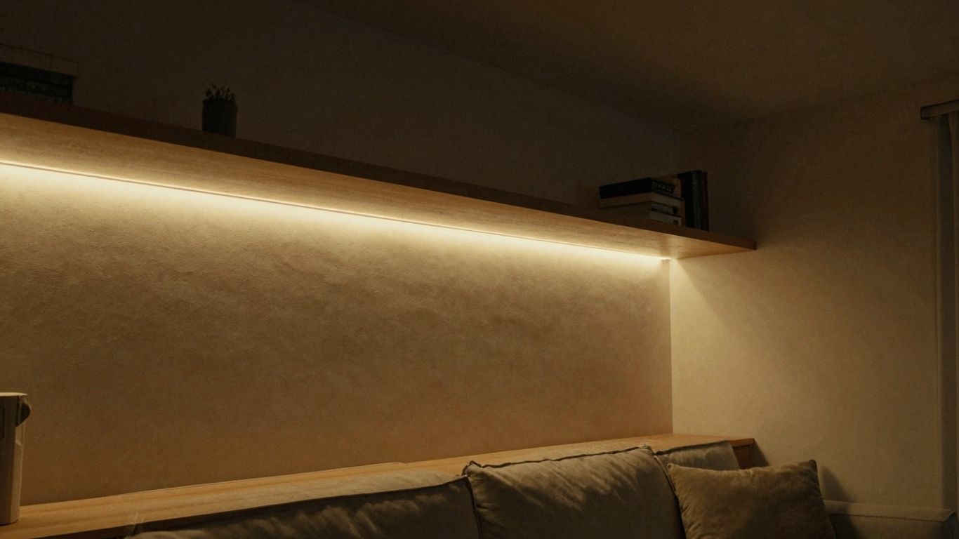 Warm white LED strip lights illuminating a living room.