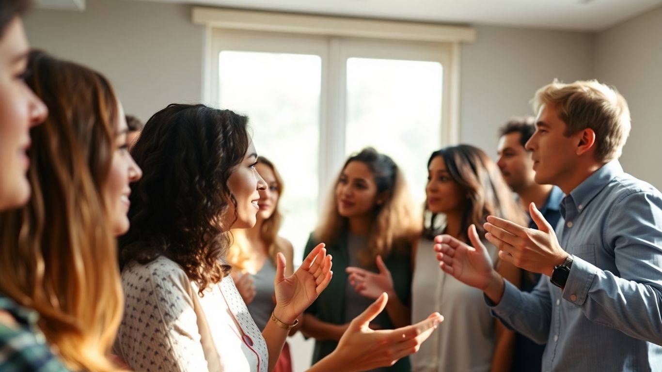 Oameni discutând constructiv pentru a găsi soluții comune.