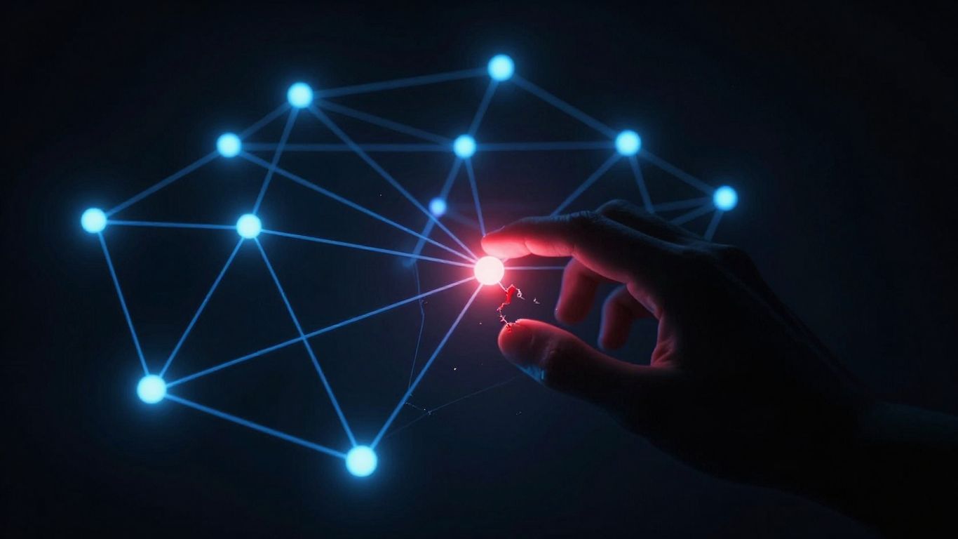 Digital network being dismantled by a shadowy hand.