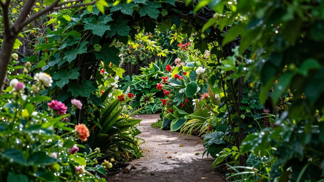 Verborgen tuinpad met bloemen en zonlicht.