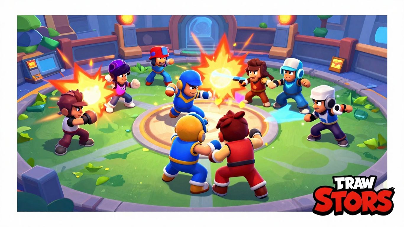 Brawl Stars characters battling in a futuristic esports arena.