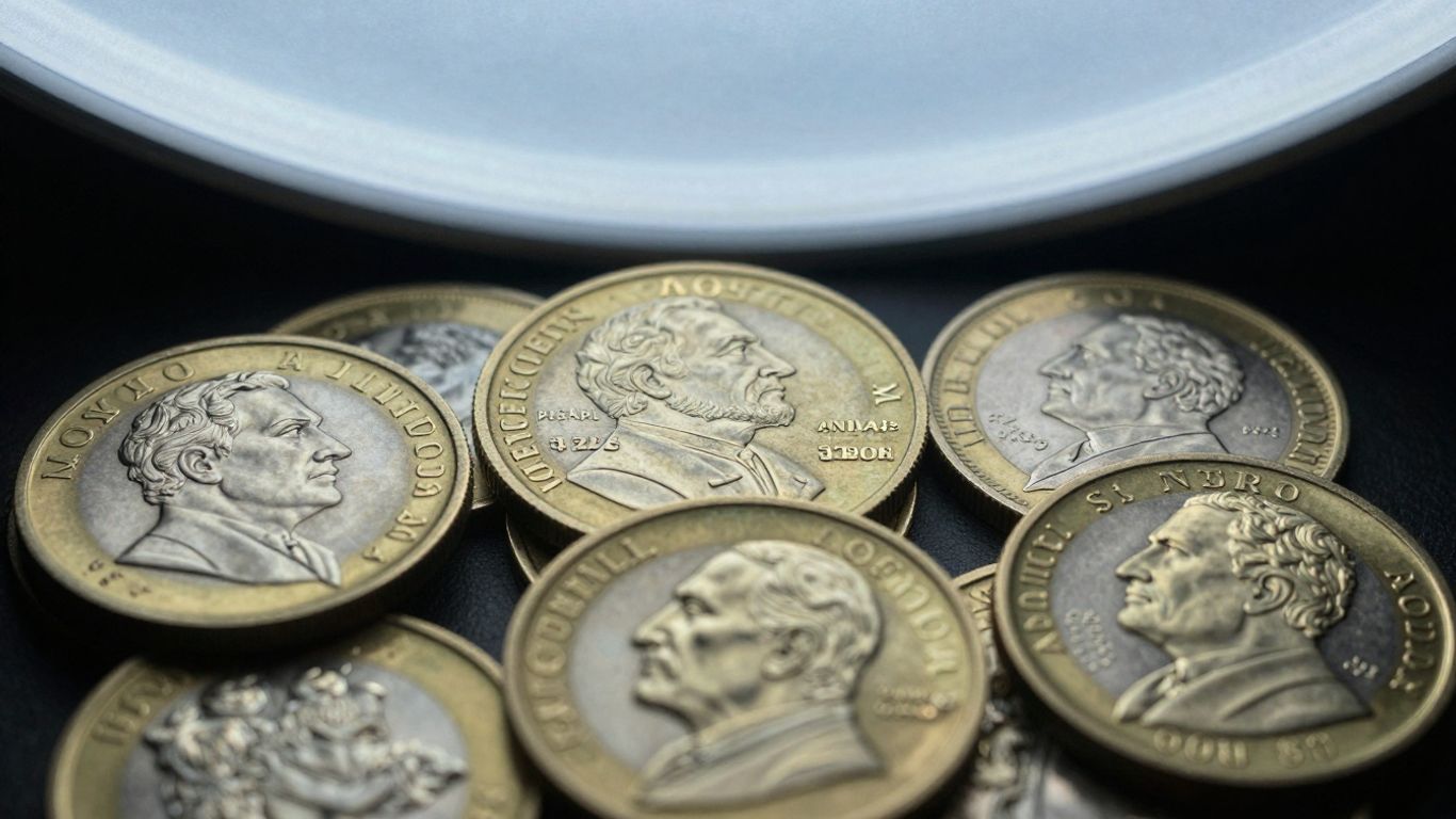 Collection of shiny commemorative coins with detailed designs.