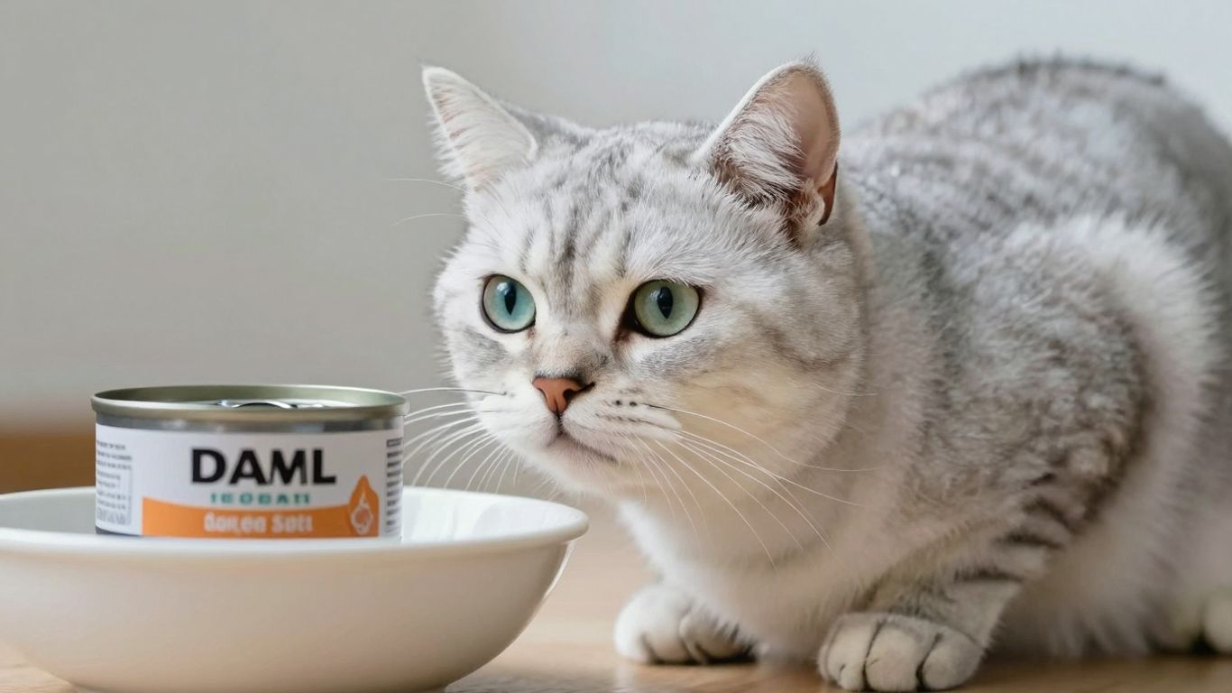 Cat looking at a can of tuna.