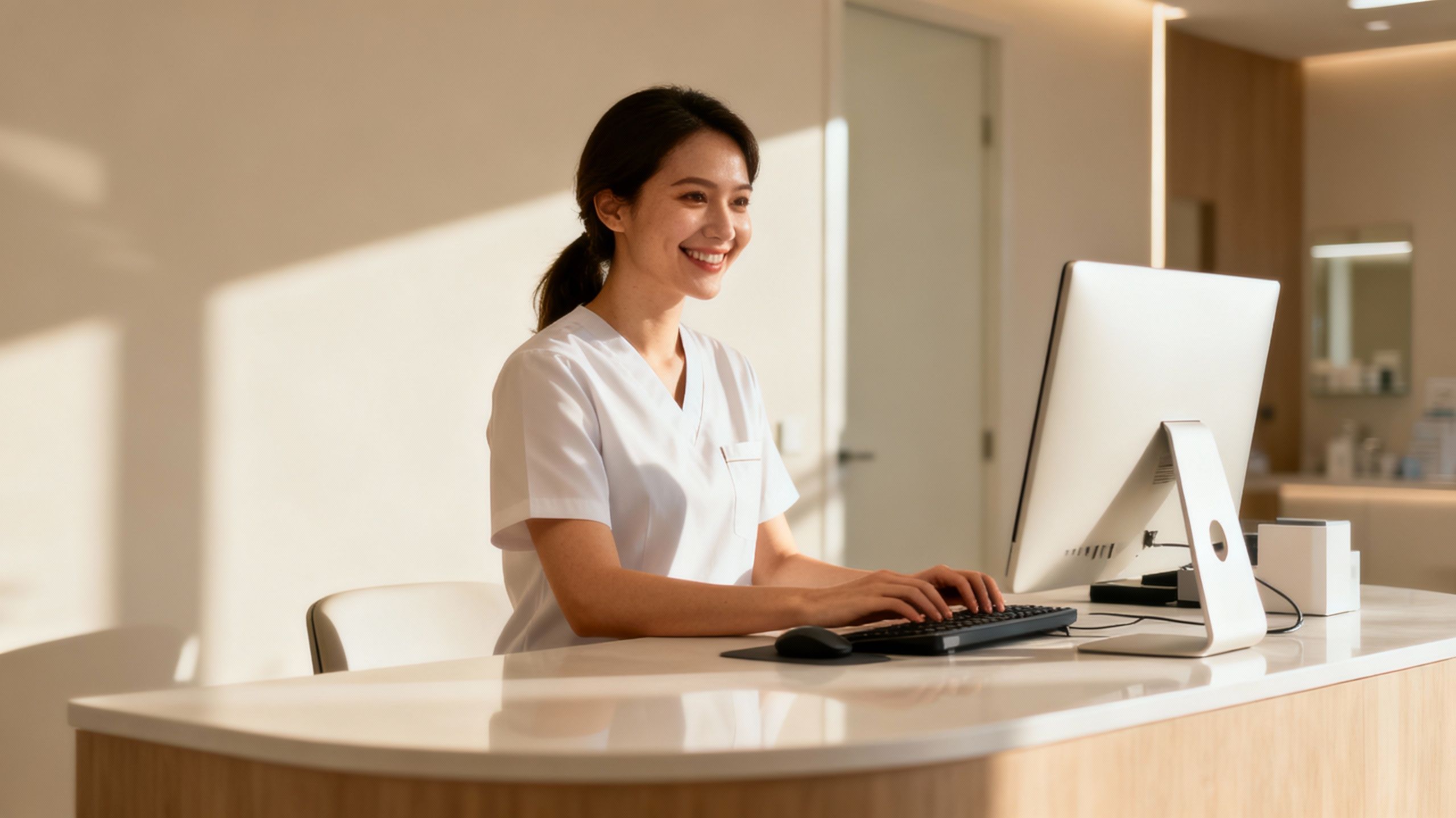 Clinic receptionist working on a computer at the reception desk.
