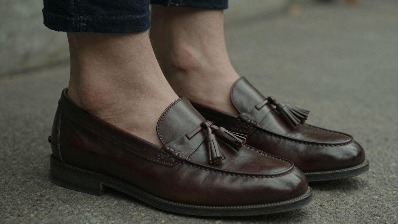Tassel loafers fitting perfectly on a person's feet.