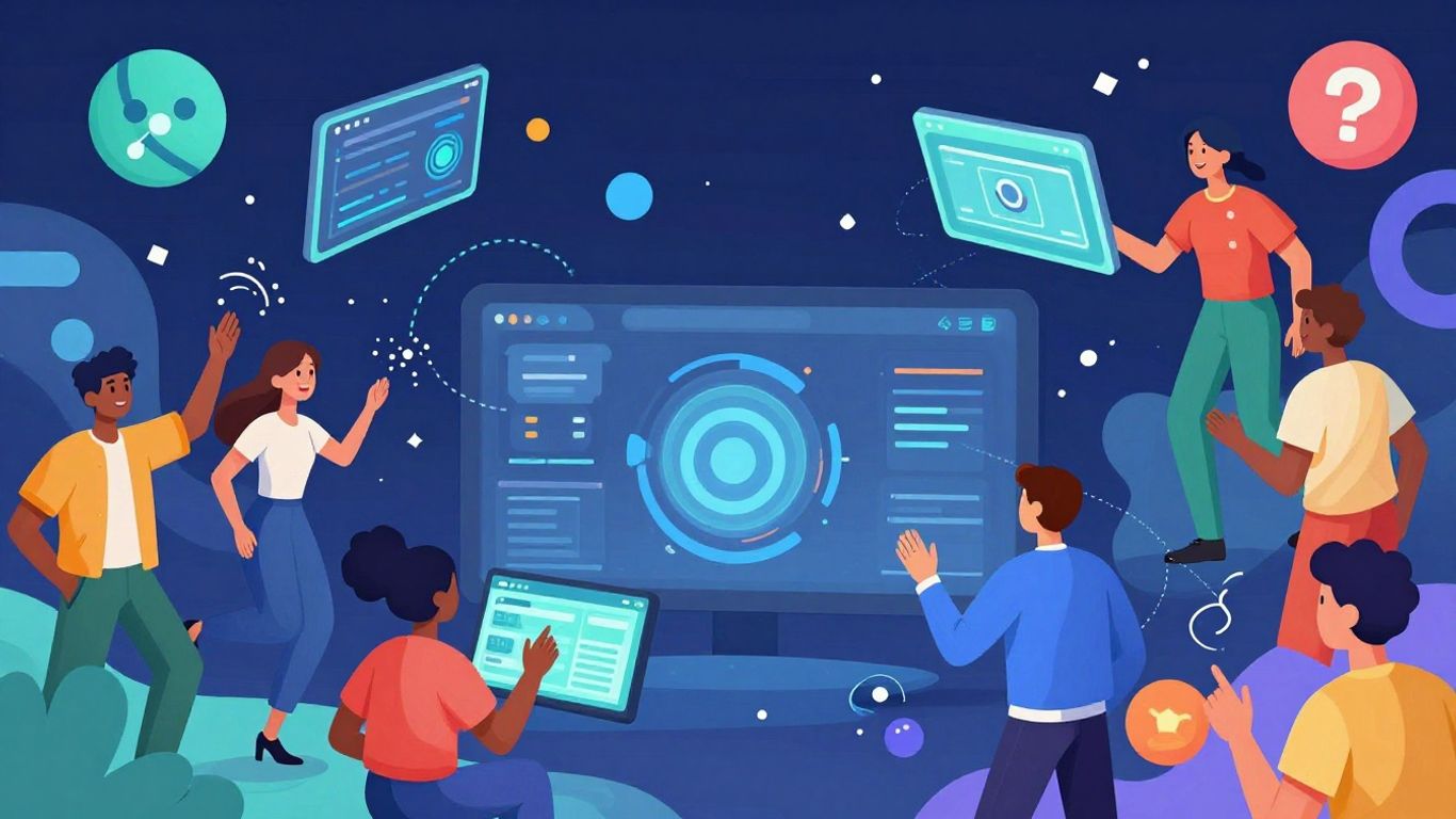 Colorful game elements and happy characters playing games.