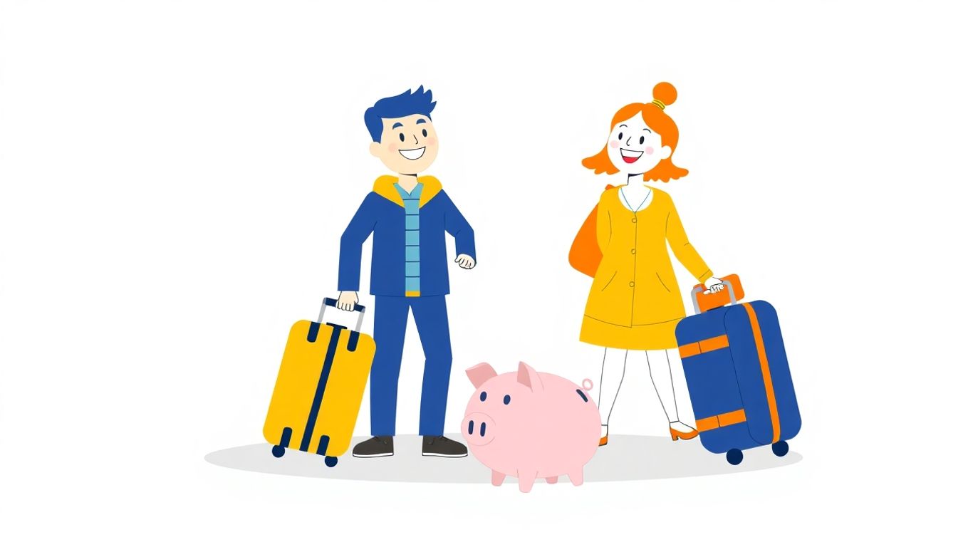 Couple packing for vacation with piggy bank