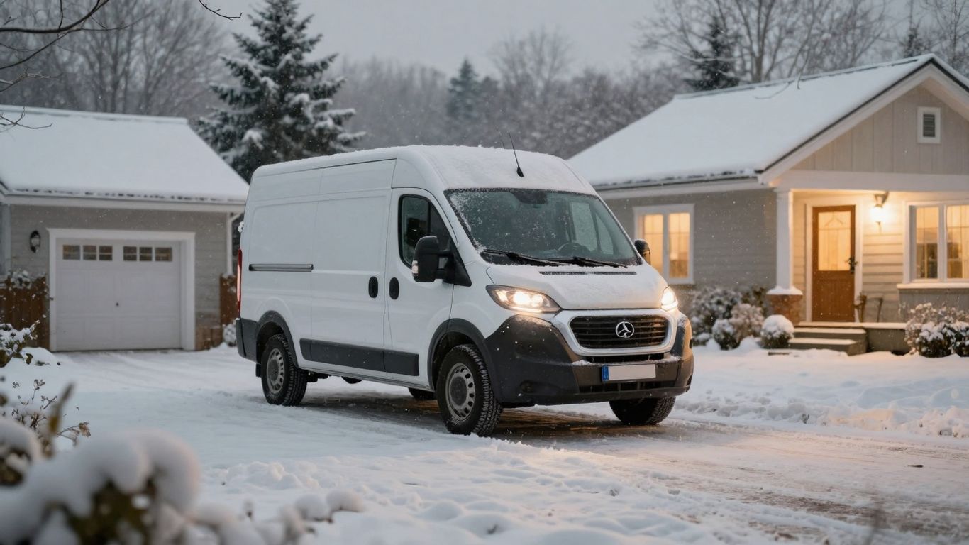 Contractor van in snowy driveway, house in background.