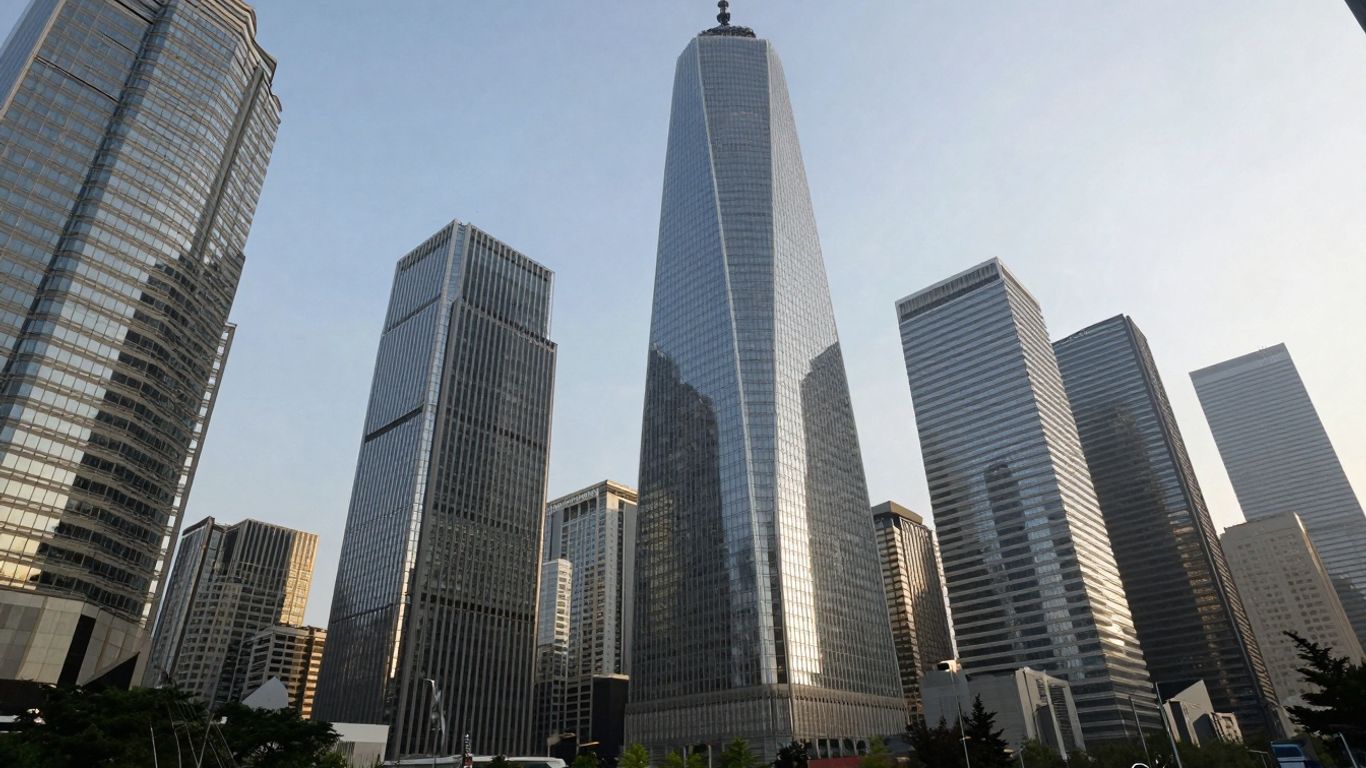 Cityscape with skyscrapers and sunlight.