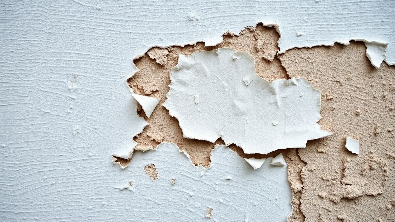 Close-up of peeling paint on a house exterior wall.
