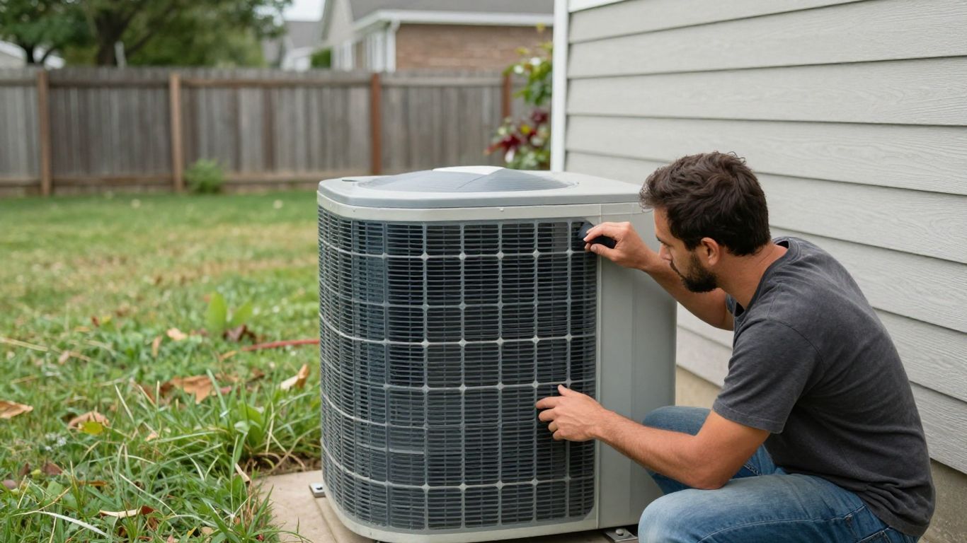 Homeowner inspecting outdoor HVAC unit
