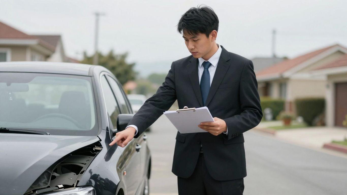 Insurance adjuster inspecting a damaged car.