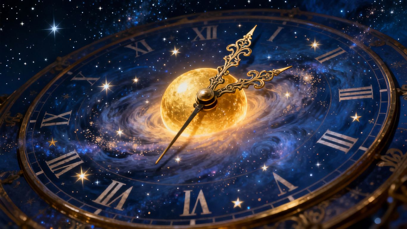 Celestial clock indicating an auspicious time for events.