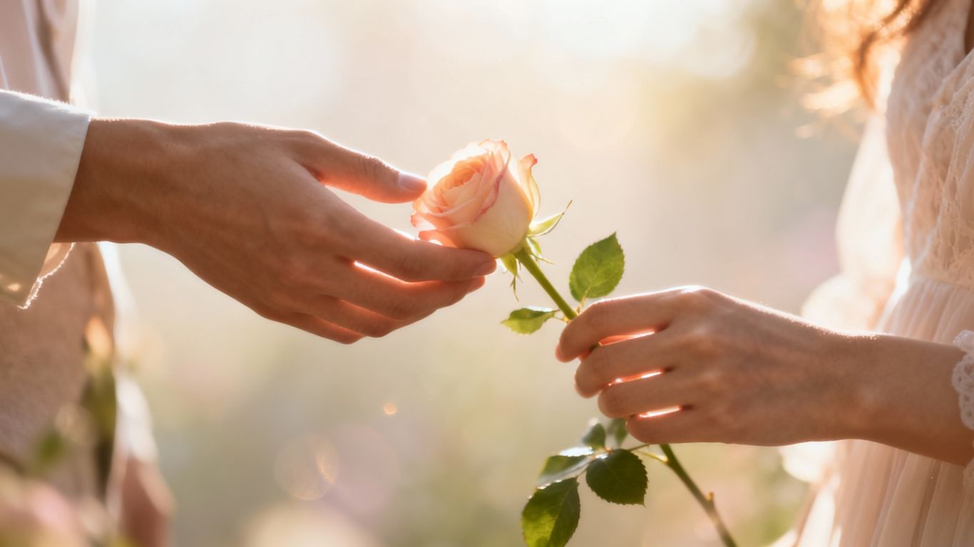 Hands exchanging a rose, symbolizing love and connection.