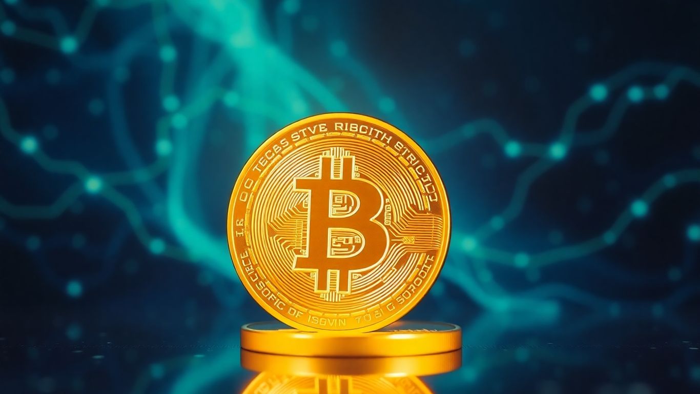 Golden Bitcoin coin with digital background.