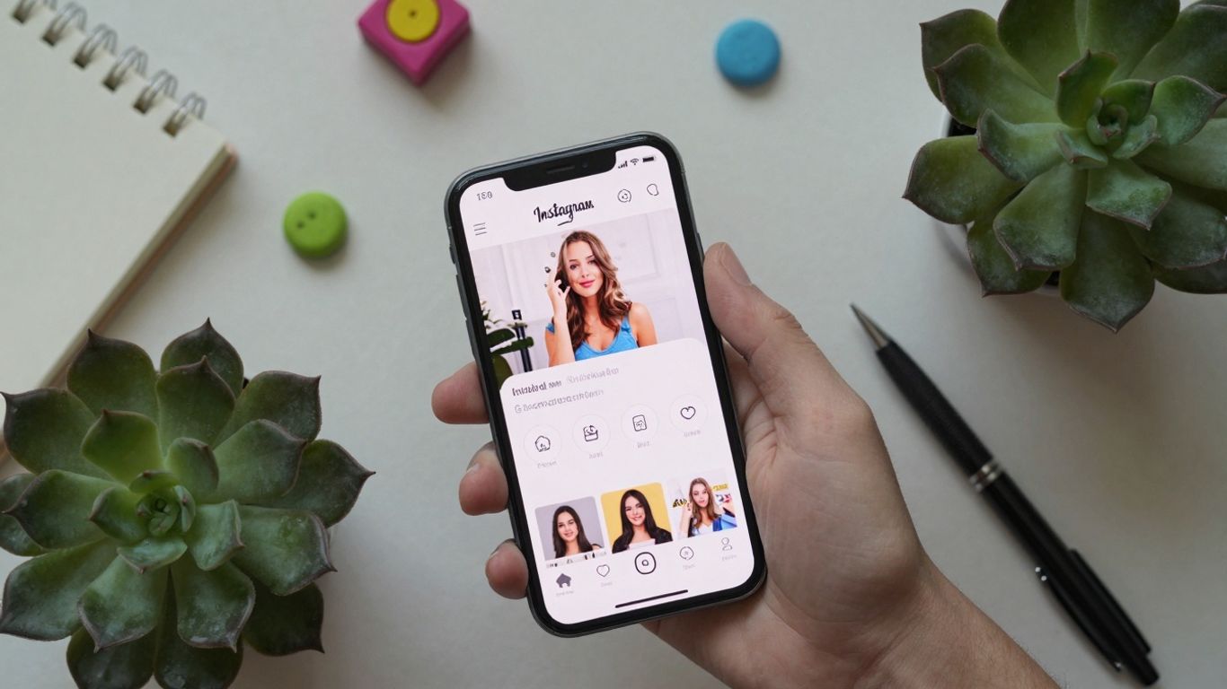 Smartphone with Instagram profile and decorative items.
