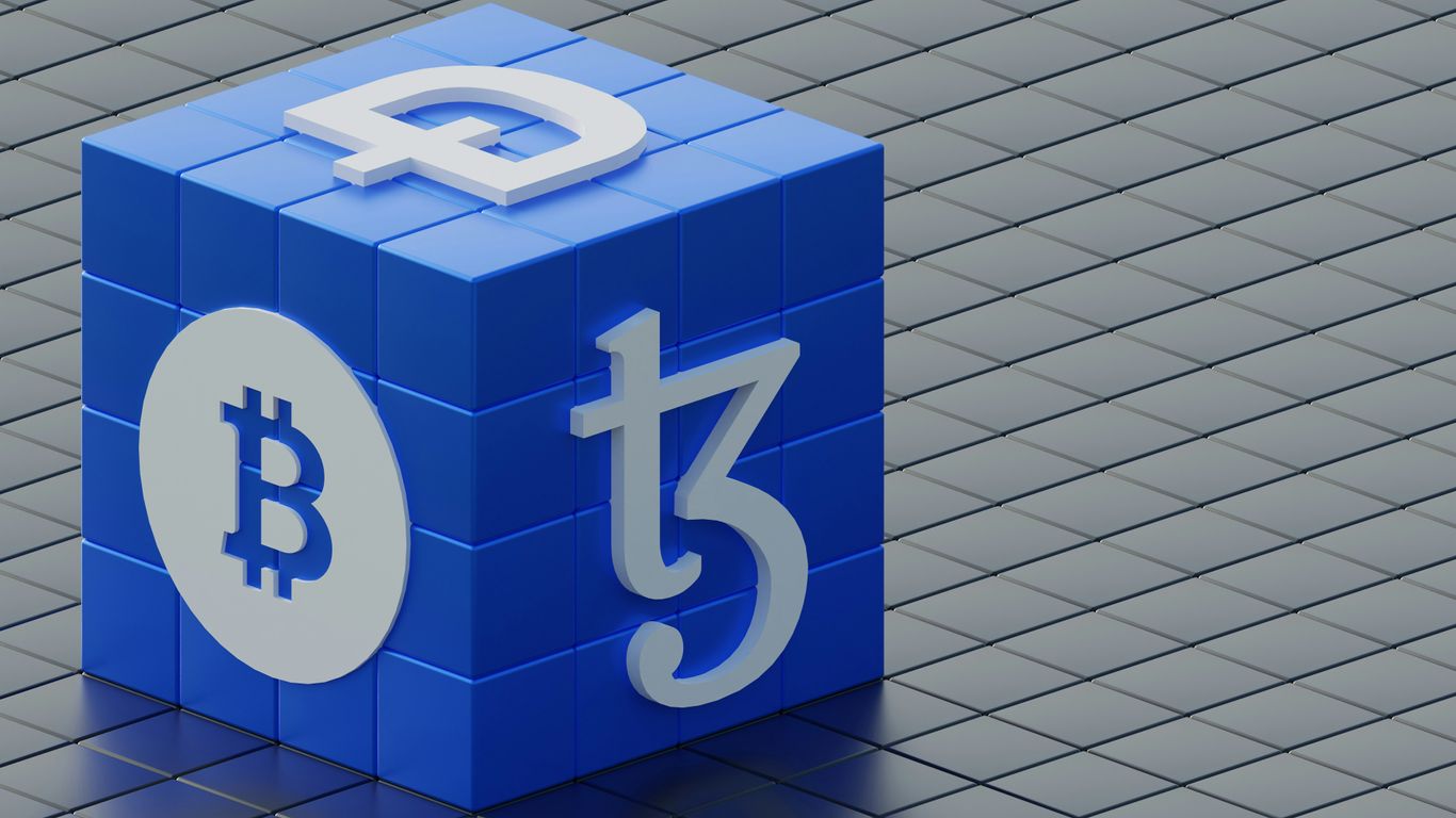 A blue cube featuring cryptocurrency logos and symbols.