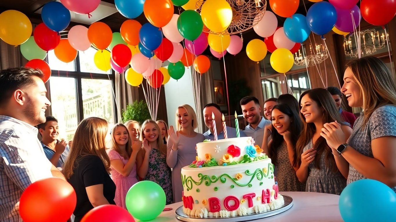 Dallas birthday party with balloons, cake, and happy guests.